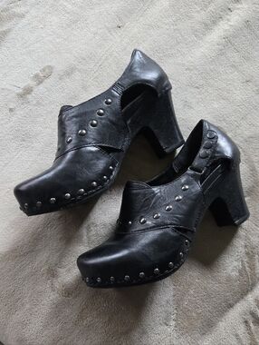 Dansko Studded Black Leather Block Heel Clog